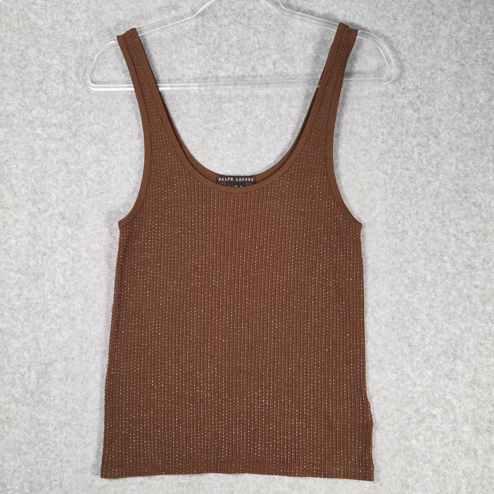 Ralph Lauren Black Label Women Large Tank Top Brown Beaded Ribbed Knit VTG 90s - Picture 3 of 9